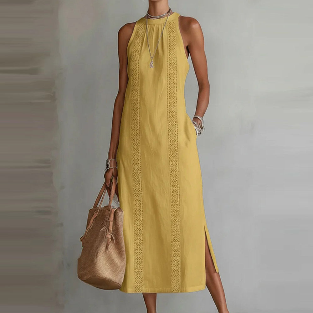 Neck-Strap Holiday Solid-Colored Lace-Patchwork Sleeveless Dress