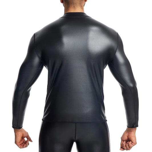 New Men Stand collar Long Sleeve Leather TShirt Slim Underwear Body Shapers Waist Trainer Corsets Tummy Shapewear Leather Shirts
