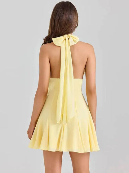 Halter Backless Sexy Mini Dress Women Robe Lace V Neck Off-shoulder Sleeveless High Waist A-line Club Party Dresses