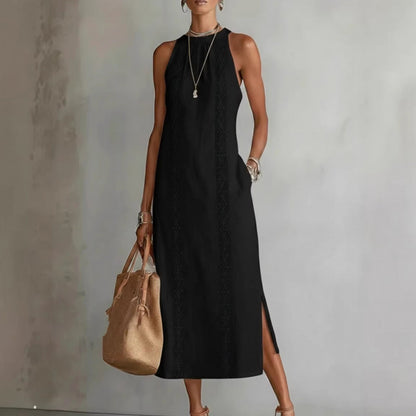 Neck-Strap Holiday Solid-Colored Lace-Patchwork Sleeveless Dress