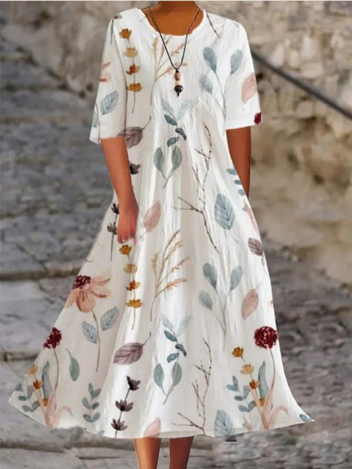 Printed Ladies Long-sleeved Round Neck Dress