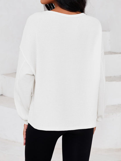 Fisoew Womens Cropped Sweatshirt Casual Waffle Knit Button V Neck Long Sleeve Loose Fit Fall Crop Tops