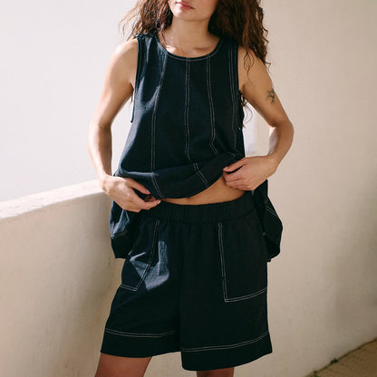 Casual Loose Pocketed Sleeveless Tank Top And Shorts Denim Two-Piece Set
