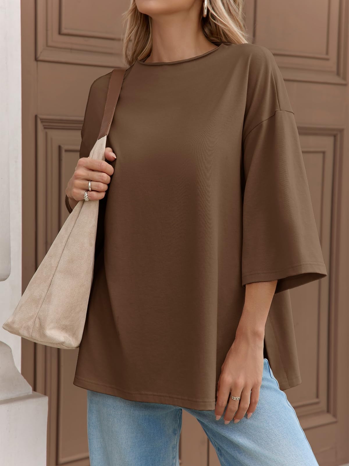 Fisoew Womens Oversized T Shirts Casual Sleeve Side Slit Workout Gym Loose Fit Summer Tee Tunic Tops