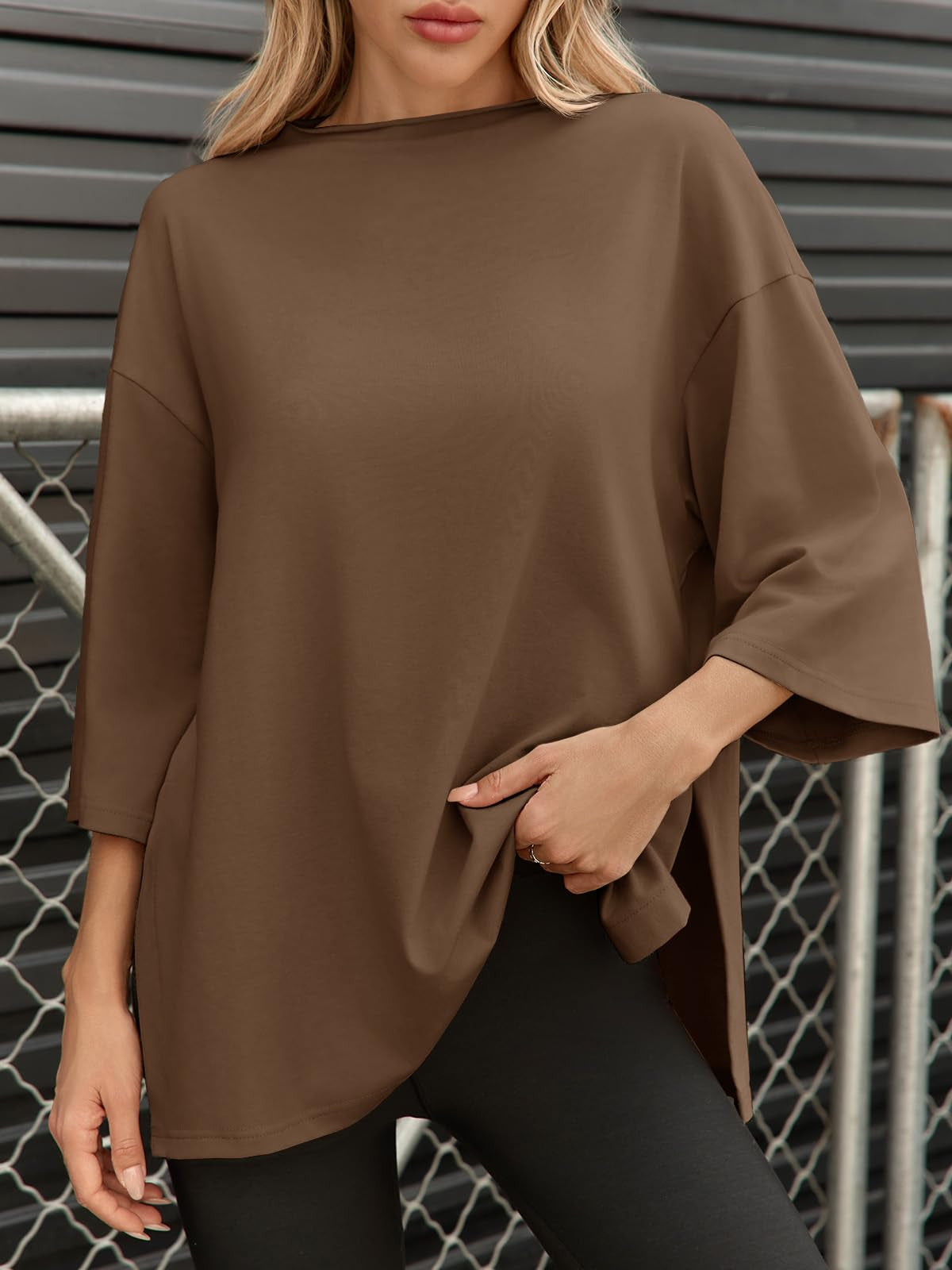 Fisoew Womens Oversized T Shirts Casual Sleeve Side Slit Workout Gym Loose Fit Summer Tee Tunic Tops