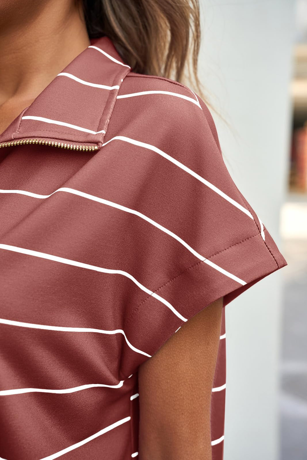 Fisoew Women Summer 2 Piece Outfits Striped Short Sleeve Zipper Shirts Casual Shorts Loose Lounge Short Sets