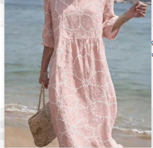 Women's Loose Round Neck Fashion Premium Long Sleeve Printed Dress