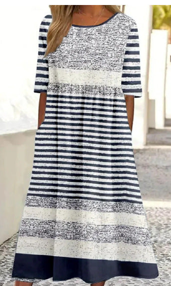 Printed Ladies Long-sleeved Round Neck Dress