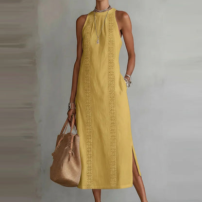 Neck-Strap Holiday Solid-Colored Lace-Patchwork Sleeveless Dress