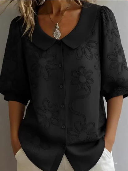 Loose-fit Retro Buttoned 3D Embroidered Floral Shirt
