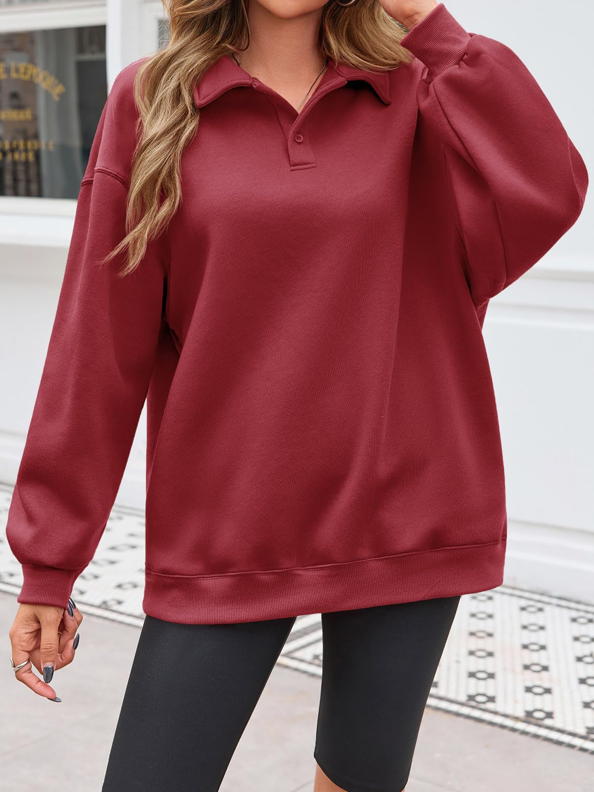 Fisoew Women Collared V Neck Sweatshirt Casual Oversized Long Sleeve Fashion Pullover Tops
