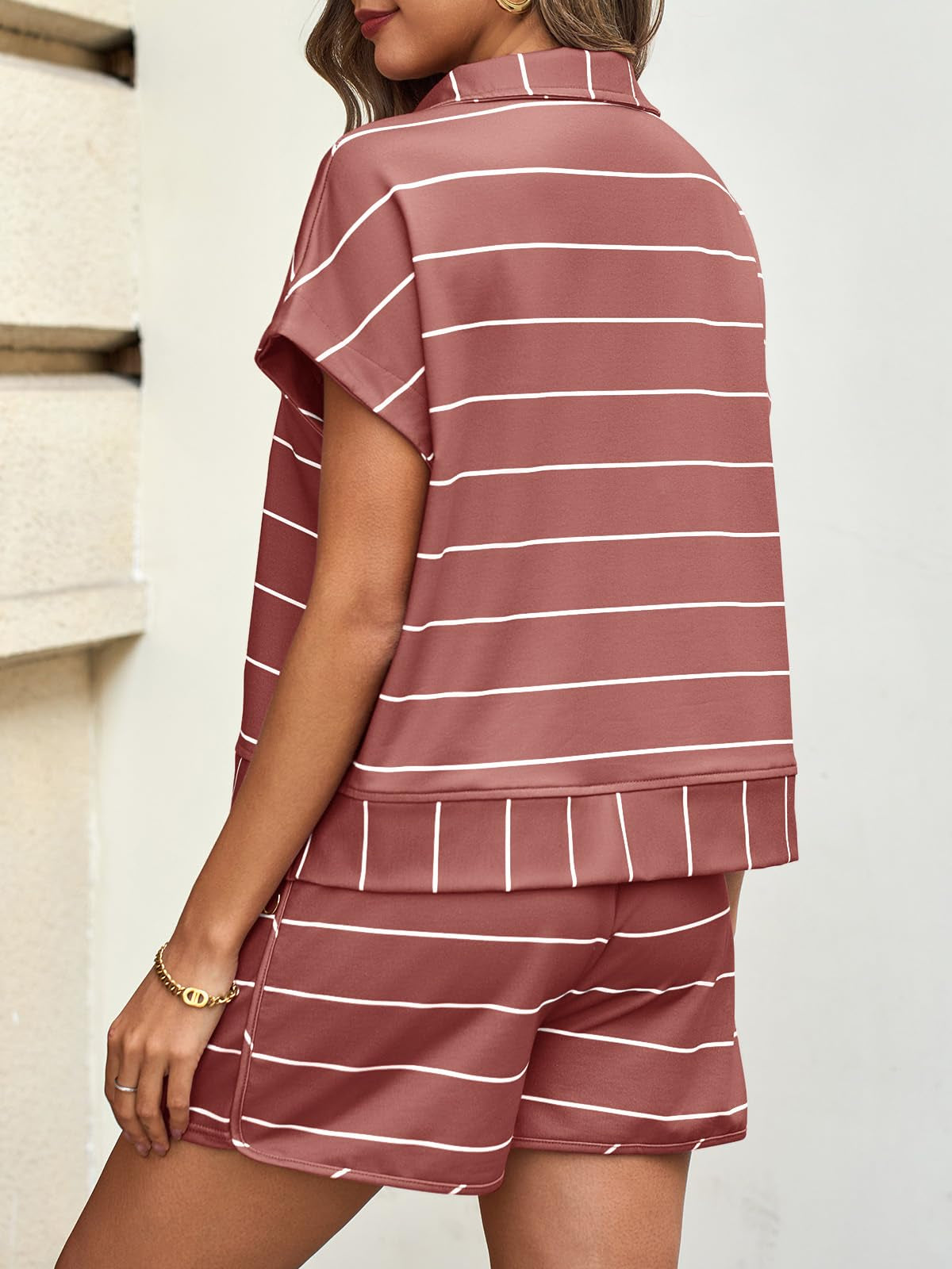 Fisoew Women Summer 2 Piece Outfits Striped Short Sleeve Zipper Shirts Casual Shorts Loose Lounge Short Sets