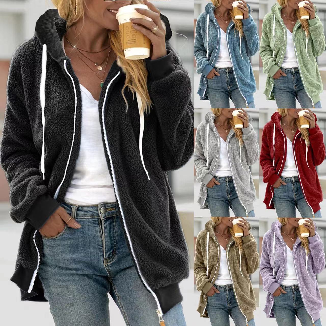 Women's Fashion Loose Thick Plush Hooded Jacket