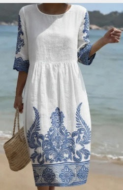 Women's Plant And Flower Print Round Neck Linen Blend Mid-Length Dress