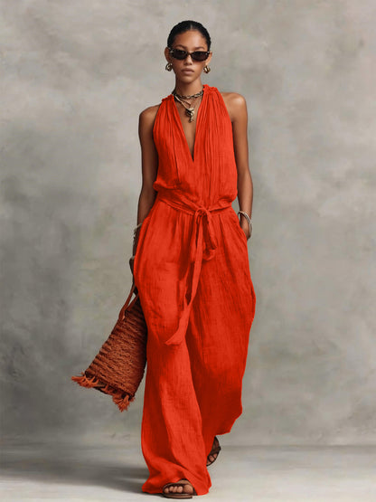 Casual Lace-up Sleeveless Cotton-blend Jumpsuit