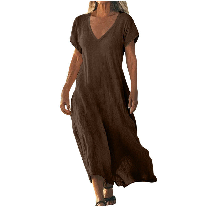 Cotton Linen V-neck Short Sleeve Loose Dress Women's Clothing