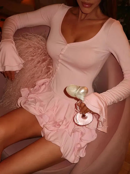 Flare Sleeve Ruffle Sexy Mini Dress Women Robe Irregular Single-breasted V Neck High Waist Slim A-line Club Dress