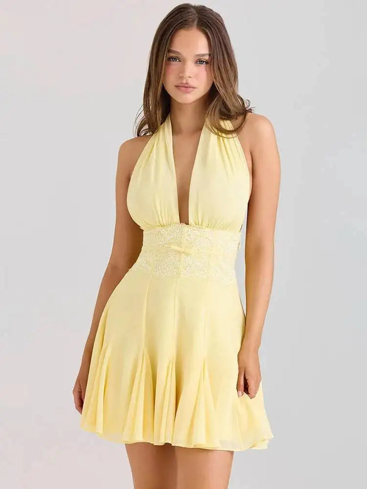 Halter Backless Sexy Mini Dress Women Robe Lace V Neck Off-shoulder Sleeveless High Waist A-line Club Party Dresses - Yellow - S
