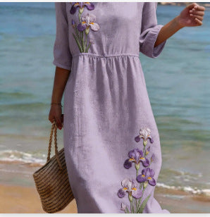 Printed Ladies Long-sleeved Round Neck Dress
