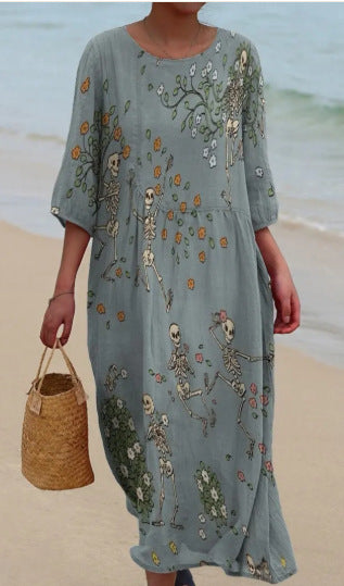 Printed Ladies Long-sleeved Round Neck Dress