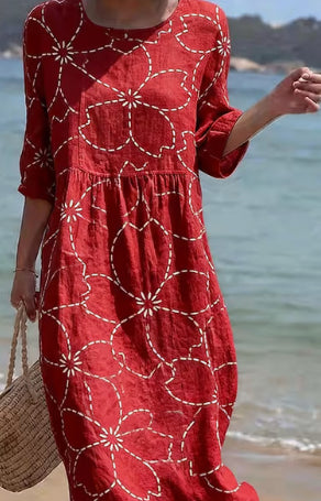 Women's Loose Round Neck Fashion Premium Long Sleeve Printed Dress