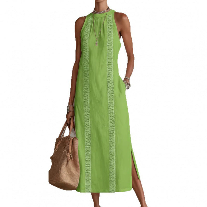 Neck-Strap Holiday Solid-Colored Lace-Patchwork Sleeveless Dress
