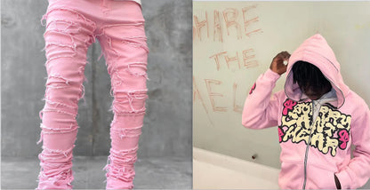 Fashion Stretch Patch Denim Straight-leg Pants
