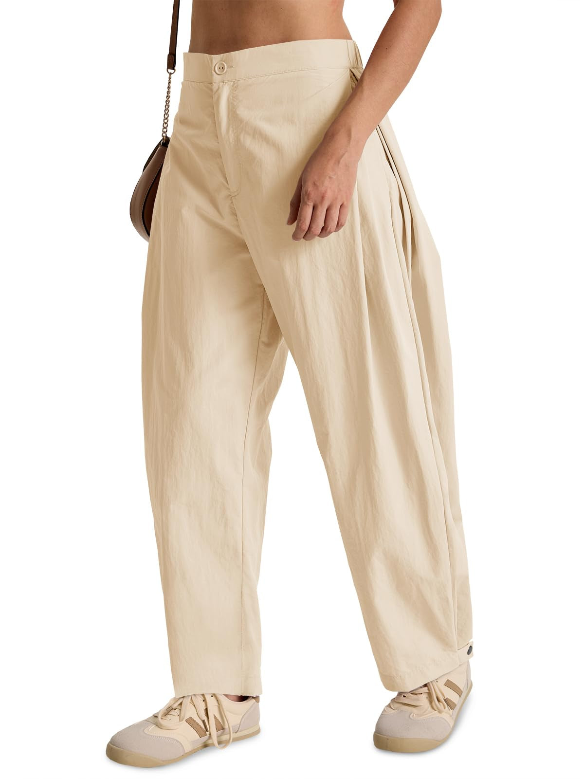 Fisoew Barrel Pants Women Casual Wide Leg Baggy Pants Side Pleated Horseshoe Style Trousers With Pockets