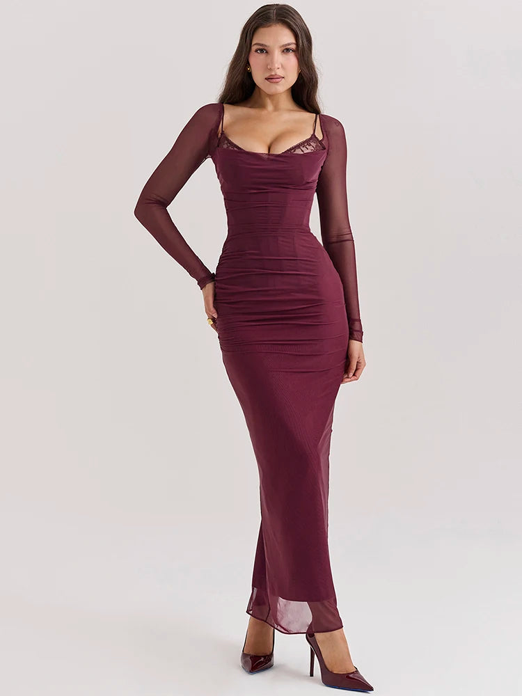 Elegant Sheer Long Sleeve Sexy Maxi Dress For Women Fashion Mesh Strapless Backless Club Party Sexy Long Dress 2024 - Wine Red - M