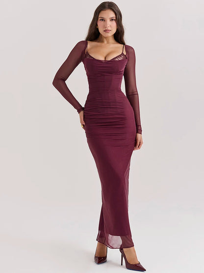 Elegant Sheer Long Sleeve Sexy Maxi Dress For Women Fashion Mesh Strapless Backless Club Party Sexy Long Dress 2024 - Wine Red - M