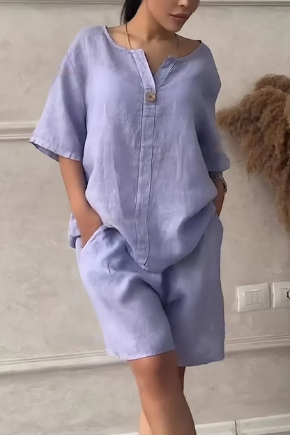 Cotton-linen Shirt Set With High-waisted Loose Shorts For Women