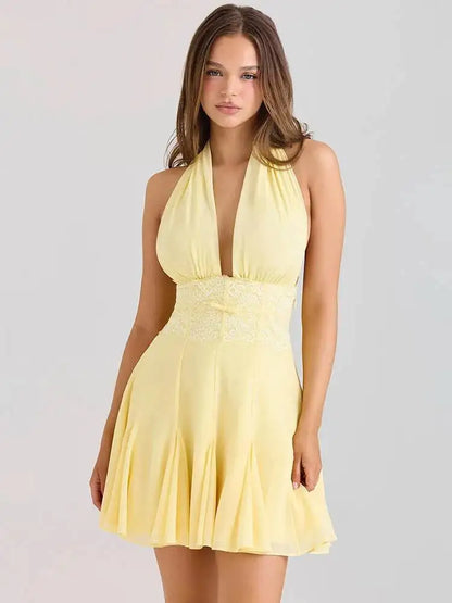 Halter Backless Sexy Mini Dress Women Robe Lace V Neck Off-shoulder Sleeveless High Waist A-line Club Party Dresses