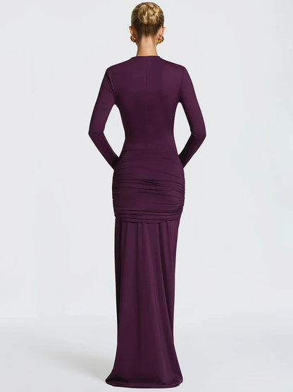 Hollow Out Long Sleeve Sexy Maxi Dress Women Gown Elegant O Neck Draped Ruched Bodycon Club Party Long Dress Fashion