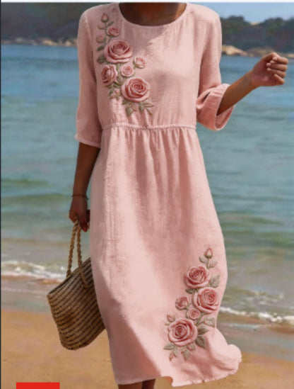 Printed Ladies Long-sleeved Round Neck Dress