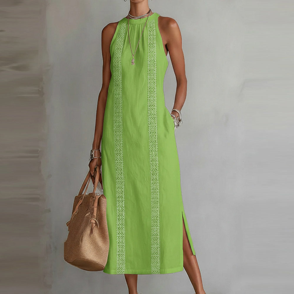 Neck-Strap Holiday Solid-Colored Lace-Patchwork Sleeveless Dress