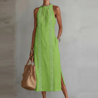 Neck-Strap Holiday Solid-Colored Lace-Patchwork Sleeveless Dress