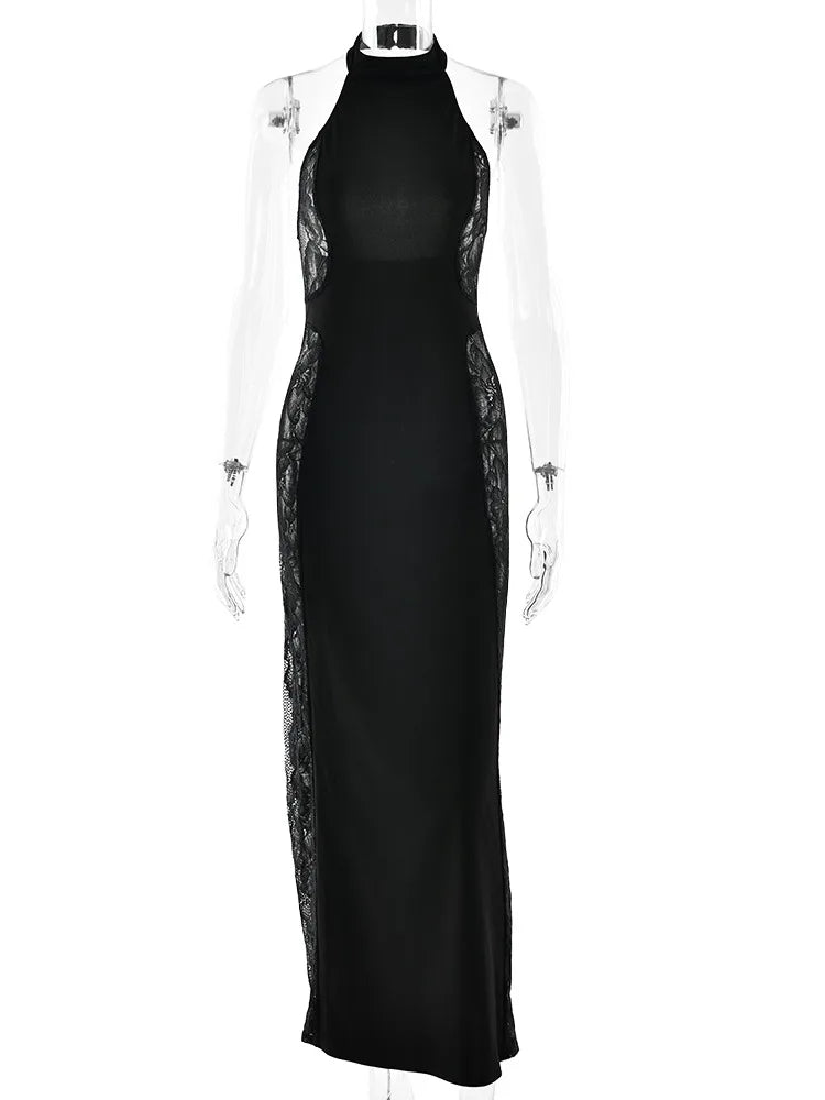 Lace Print Backless Sexy Maxi Dress Women Elegant Patchwork Halter Off-shoulder Sleeveless Bodycon Club Party Dress