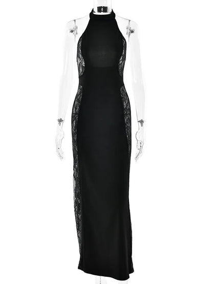 Lace Print Backless Sexy Maxi Dress Women Elegant Patchwork Halter Off-shoulder Sleeveless Bodycon Club Party Dress