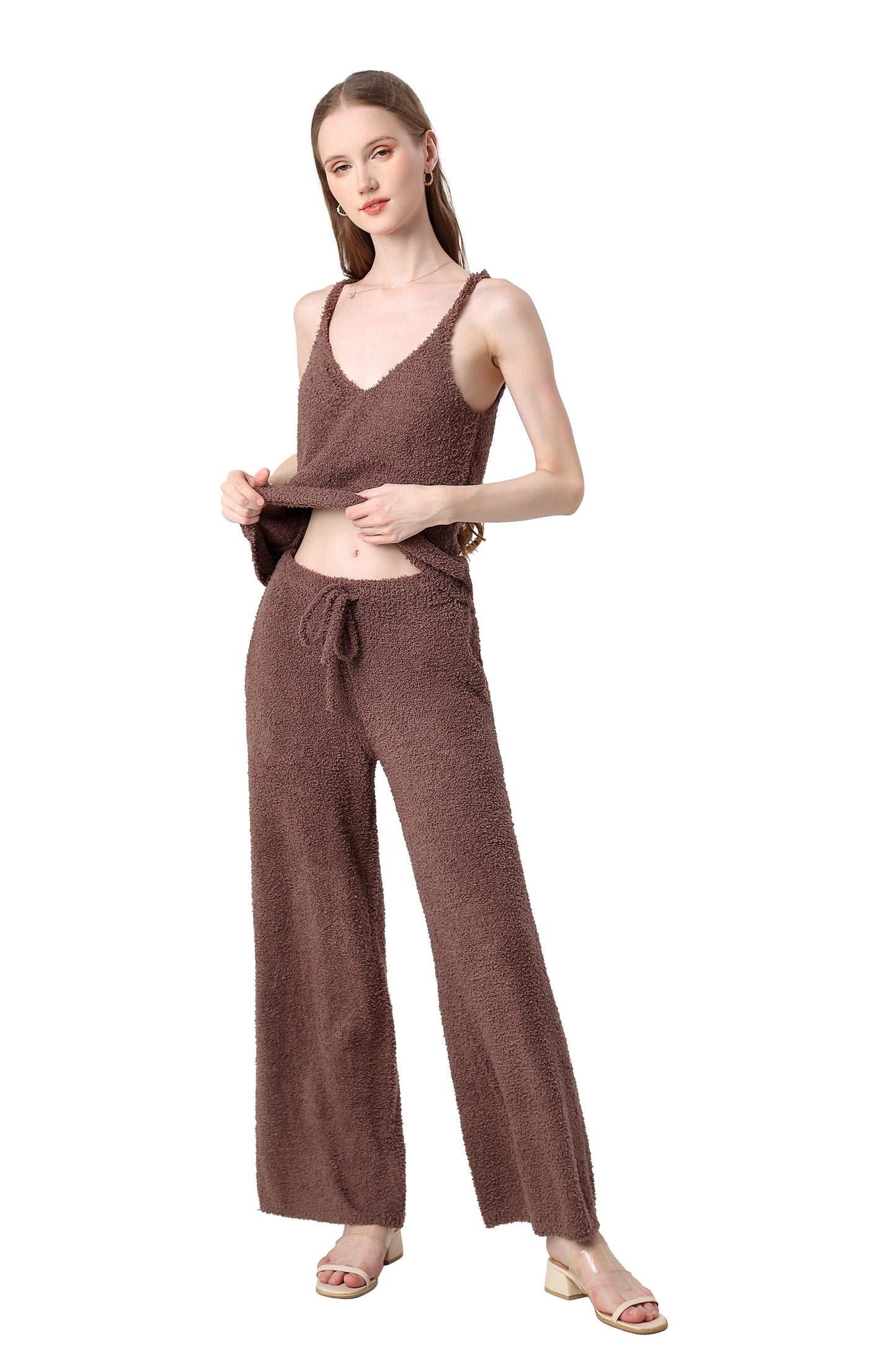 Women's Plush Two-piece Sportswear - Ultra-short Top, Blouse, Wide-leg Pants, Lazy Home Wear Set