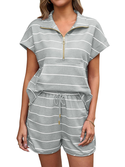Fisoew Women Summer 2 Piece Outfits Striped Short Sleeve Zipper Shirts Casual Shorts Loose Lounge Short Sets