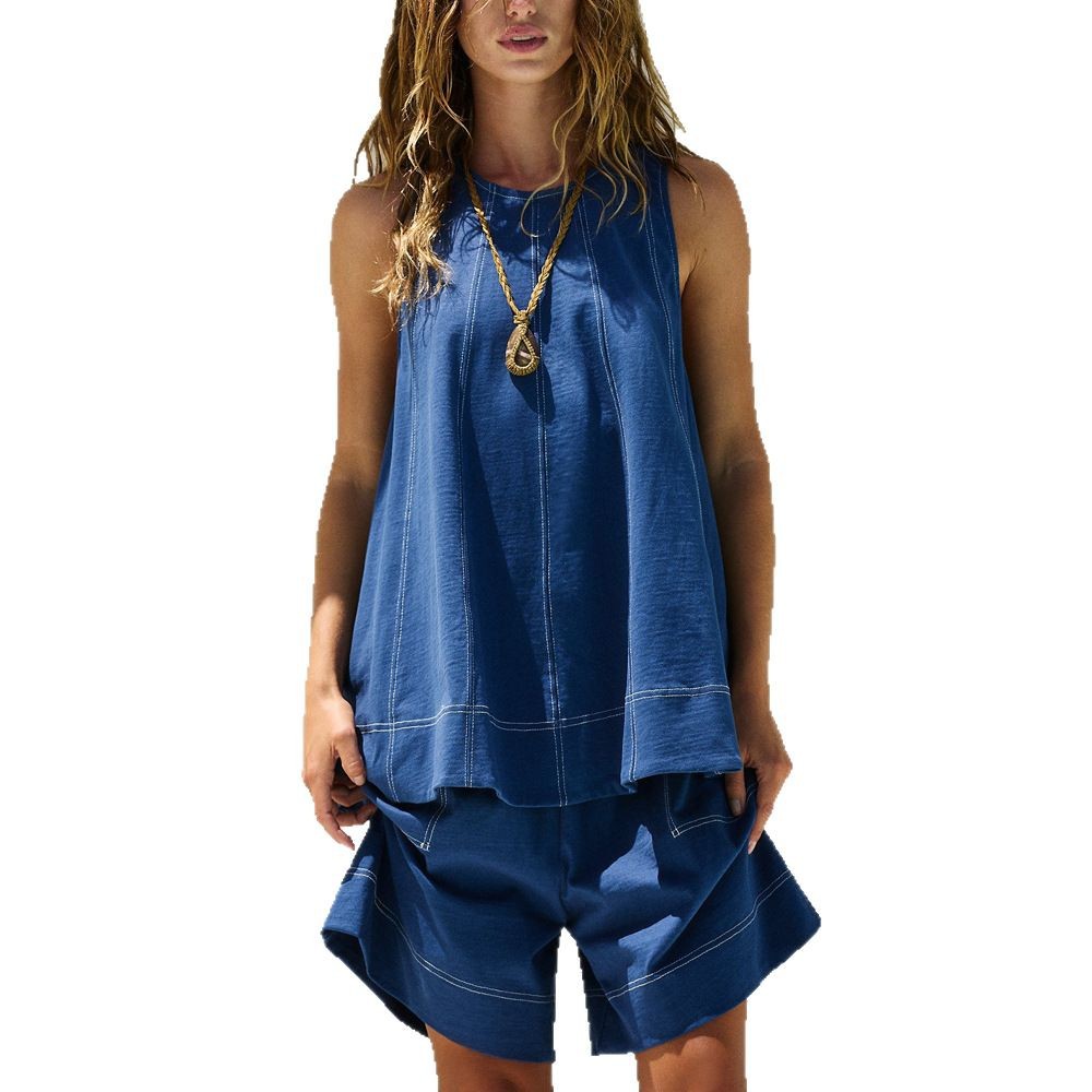 Casual Loose Pocketed Sleeveless Tank Top And Shorts Denim Two-Piece Set