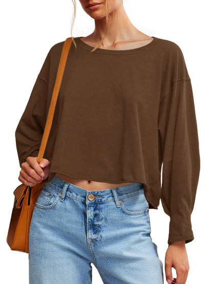 Fisoew Womens Long Sleeve Crop Tops Loose Fit Crew Neck Cropped T Shirts 2025 Casual Workout Tee Shirt Tops