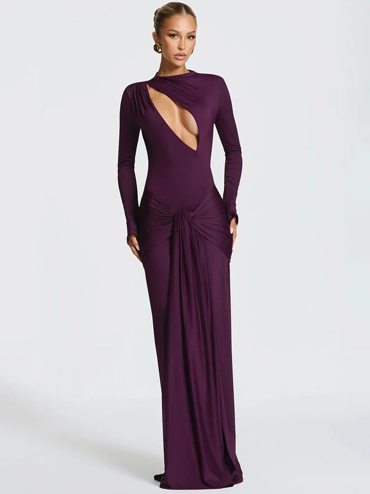 Hollow Out Long Sleeve Sexy Maxi Dress Women Gown Elegant O Neck Draped Ruched Bodycon Club Party Long Dress Fashion - PURPLE - L