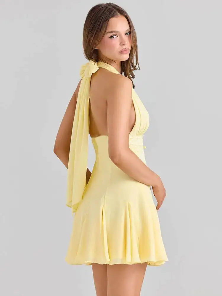 Halter Backless Sexy Mini Dress Women Robe Lace V Neck Off-shoulder Sleeveless High Waist A-line Club Party Dresses