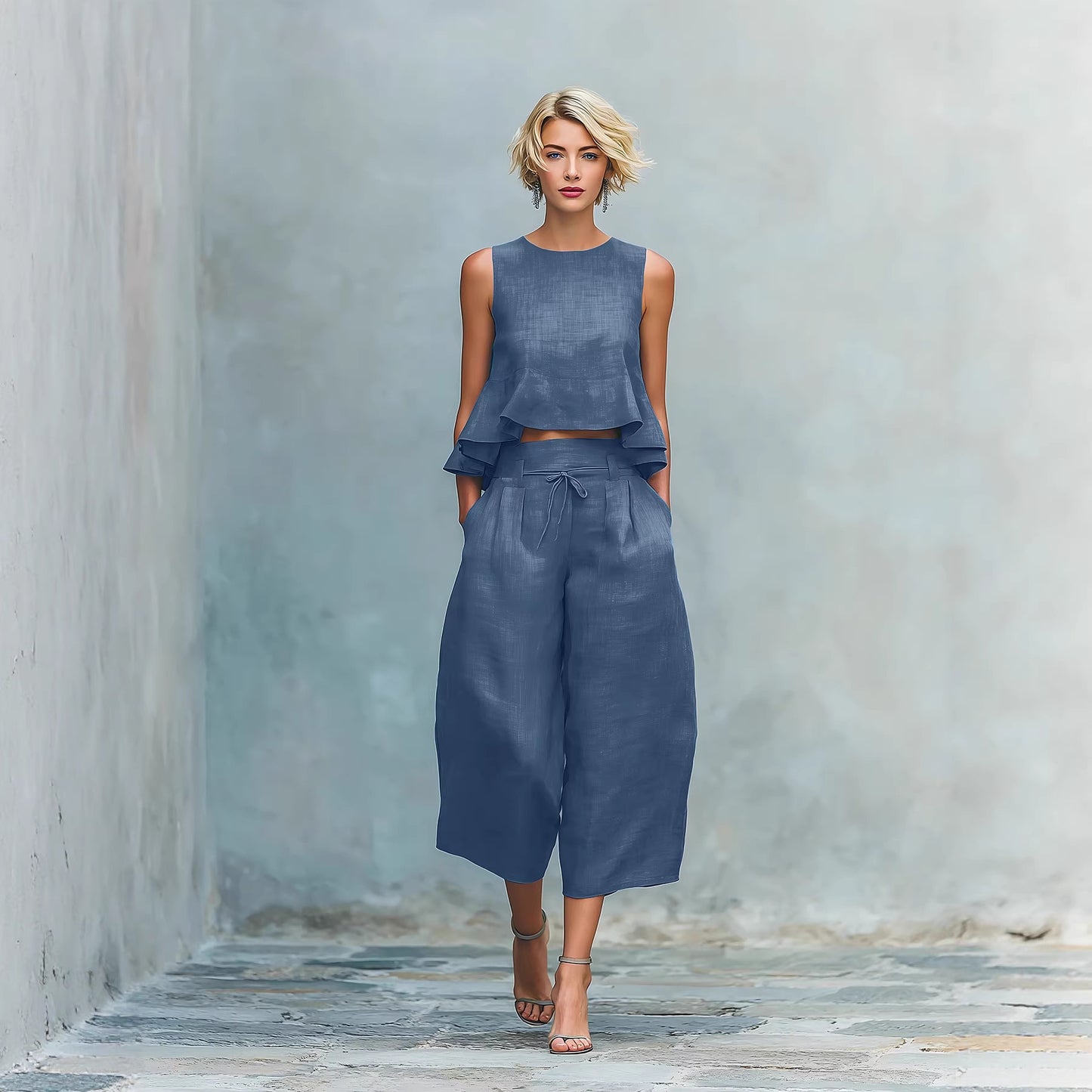 Womens Linen-blend Two-piece Set With Ruffled Detailing