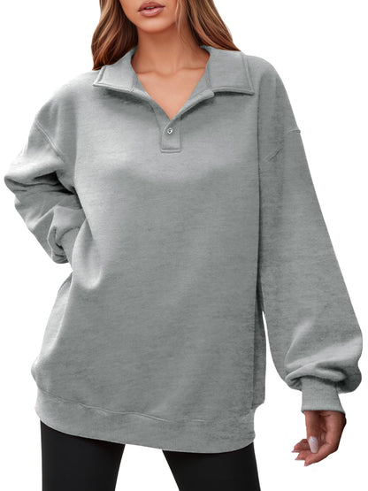 Fisoew Women Collared V Neck Sweatshirt Casual Oversized Long Sleeve Fashion Pullover Tops