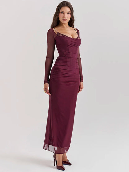 Elegant Sheer Long Sleeve Sexy Maxi Dress For Women Fashion Mesh Strapless Backless Club Party Sexy Long Dress 2024