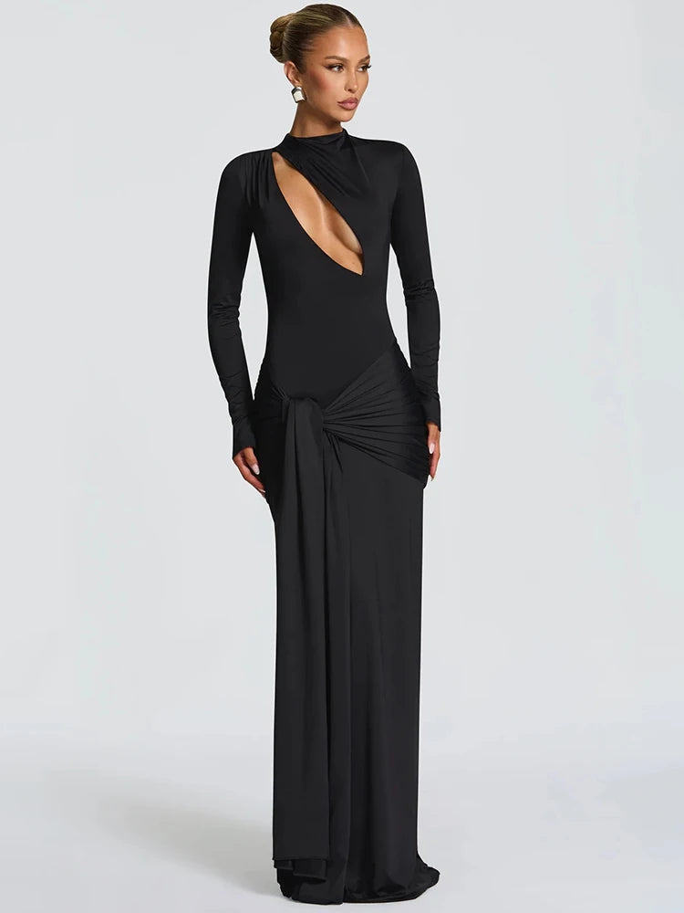 Hollow Out Long Sleeve Sexy Maxi Dress Women Gown Elegant O Neck Draped Ruched Bodycon Club Party Long Dress Fashion - black - S