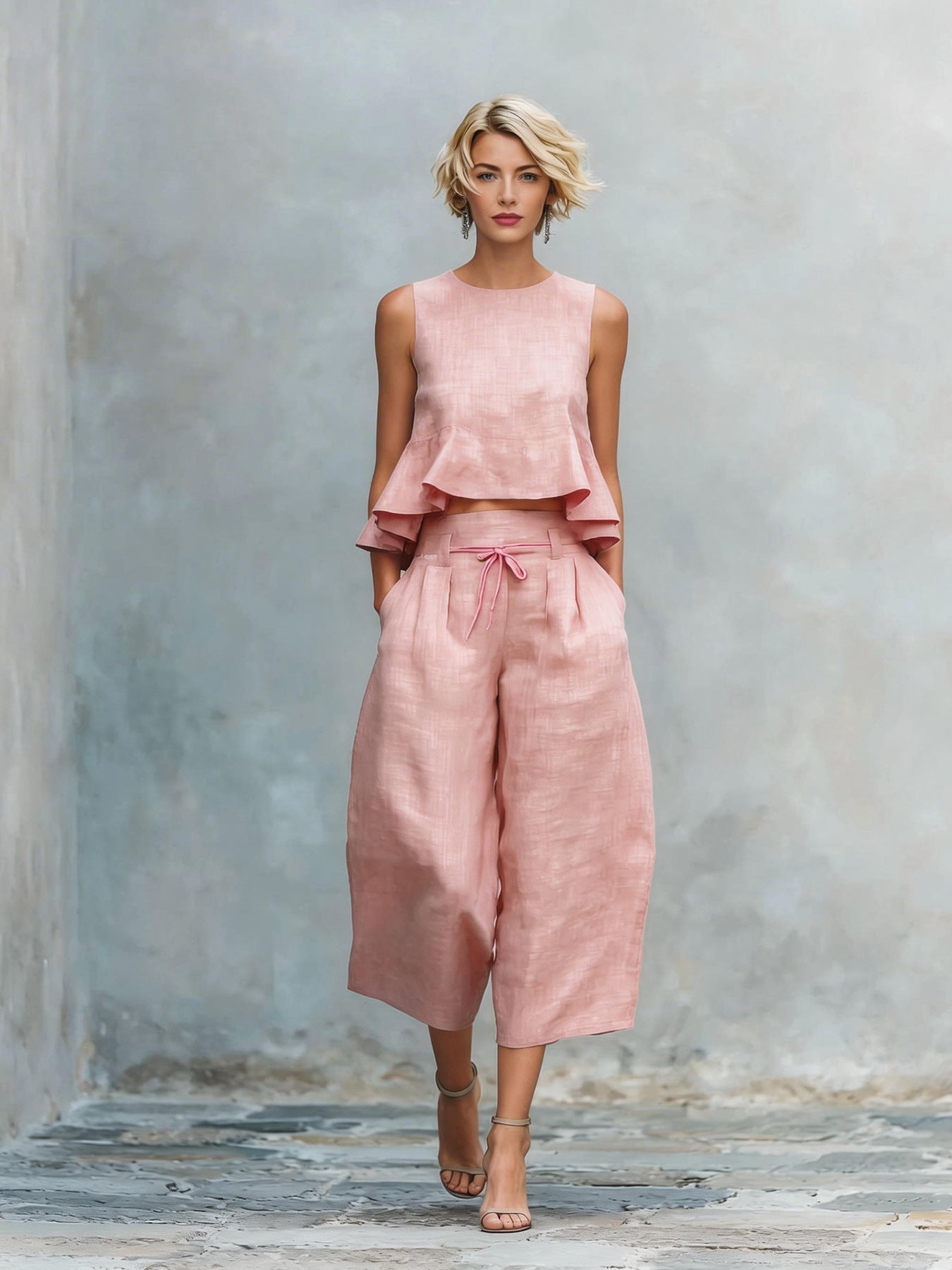 Womens Linen-blend Two-piece Set With Ruffled Detailing