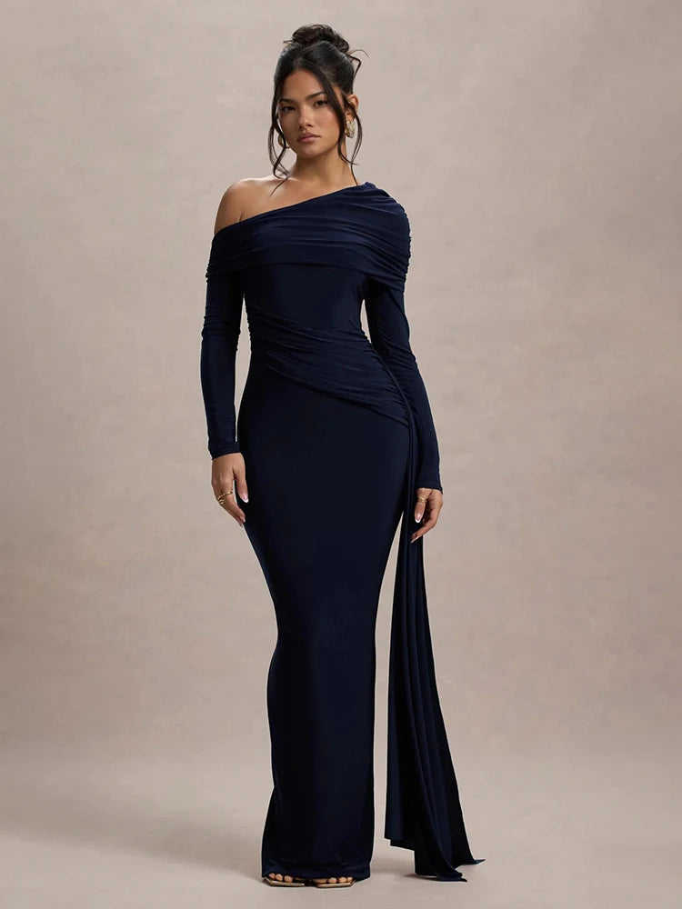 Skew Collar Long Sleeve Sexy Maxi Dress For Women Gown Fashion Backless Draped Ruched Bodycon Club Long Dress Elegant - black - M